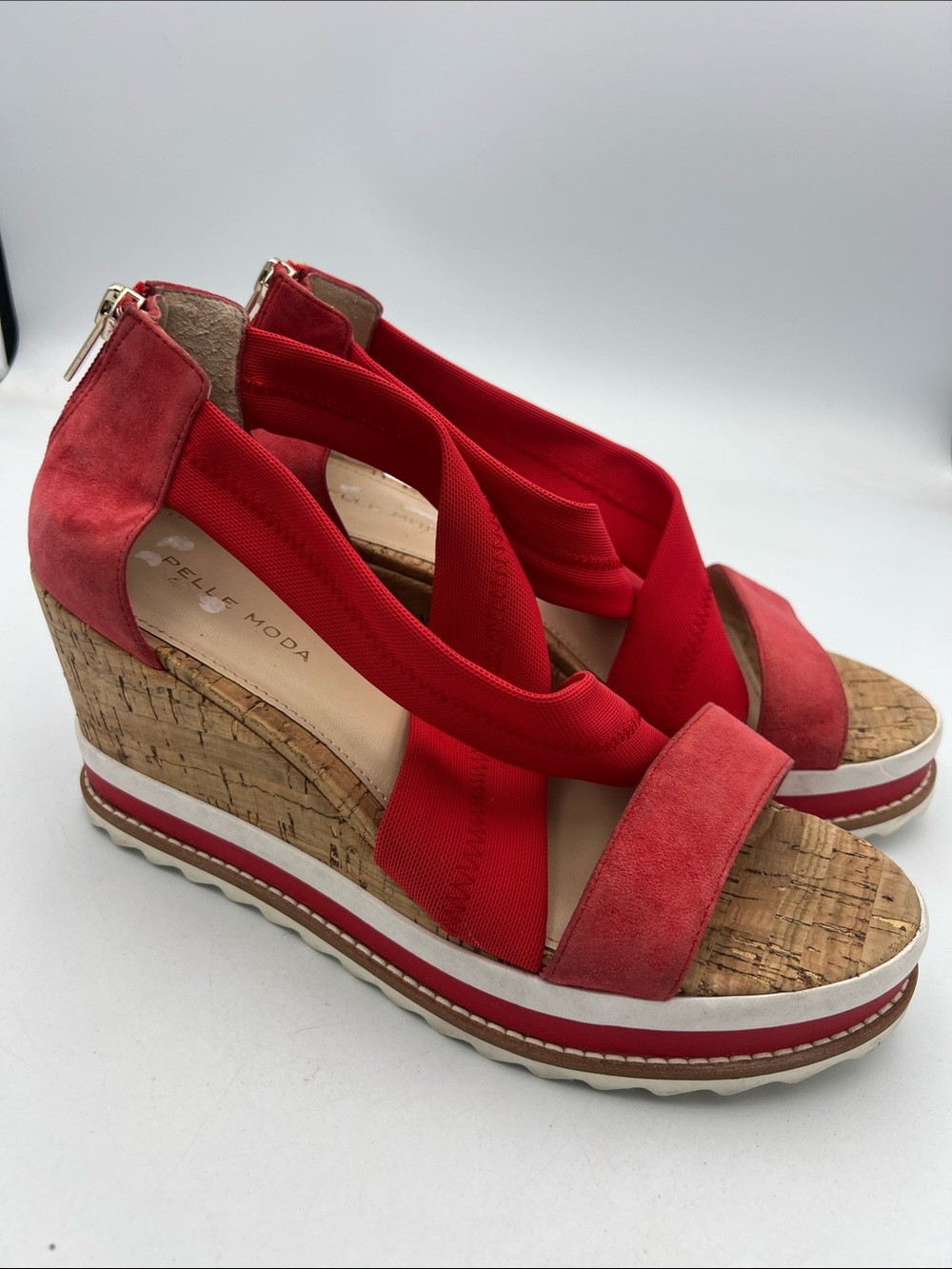 Pelle Moda Medina Cork Wedge Sandals Suede/cloth straps. Women’s size 8.5